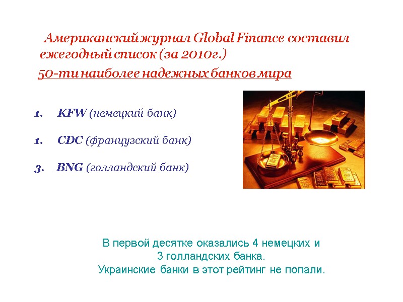 В первой десятке оказались 4 немецких и  3 голландских банка. Украинские банки в